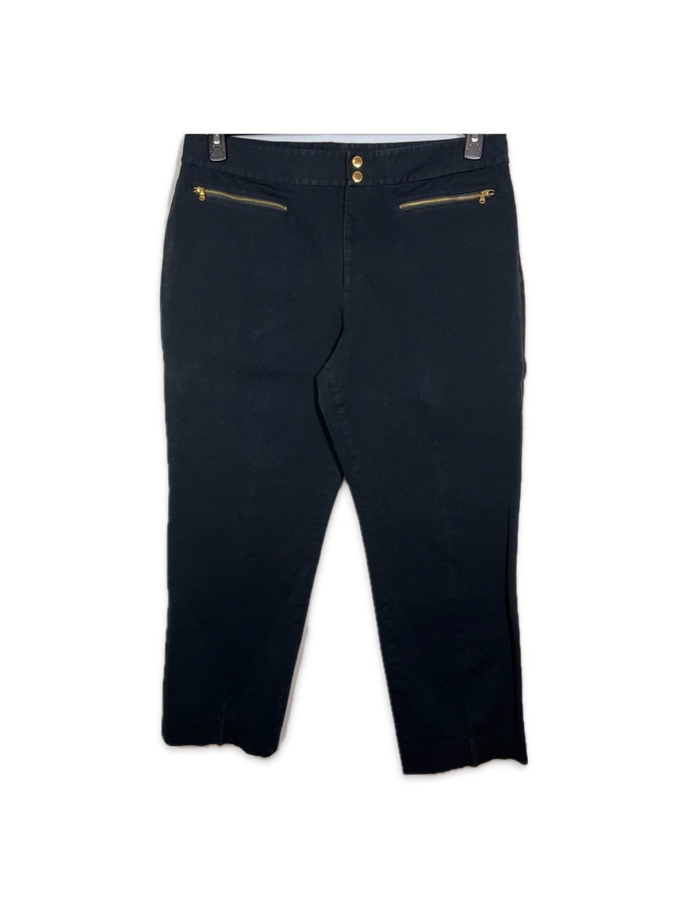 Lauren Ralph Lauren Black Cropped Pants Gold Zip Cotton Size 16 Classic Chic